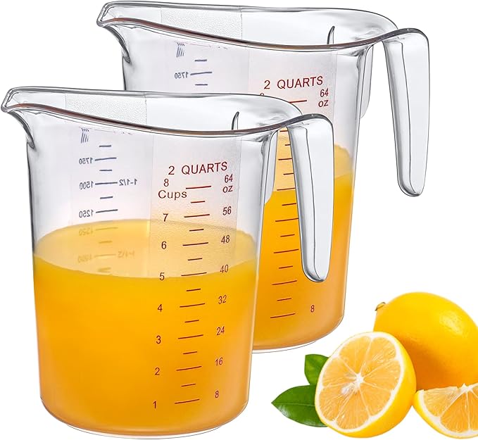 Amazing Abby - Melissa - 64-Ounce Plastic Measuring Pitcher (2-Pack), 8-Cup (2-Quart) Food-Grade Measuring Jug, Unbreakable, Stackable, Dishwasher-Safe, Great for Oil, Vinegar, Flour, and More