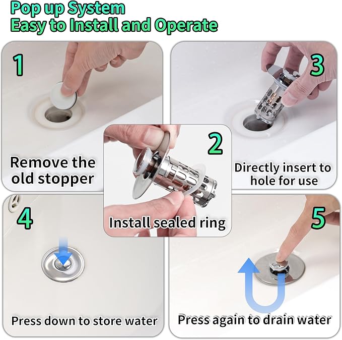 Sink Stopper Drain Hair Catcher,Bathroom Sink Drain Strainer with Removable Anti-Clogging Basket,Easy to Install Bathroom Sink Stopper Drain Catcher for 1.06-1.61in Basin Washstand Hole