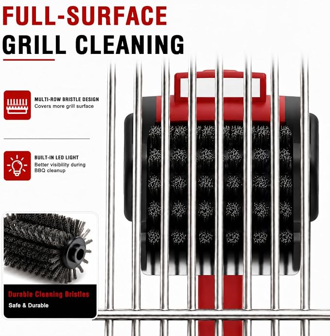 Electric Grill Brush, Rechargeable BBQ Grill Brush with High-Torque Motor, LED Light, Dishwasher-Safe Stainless Steel Rotary Brush Head,150 Mins Runtime Grill Brush for Outdoor Grill