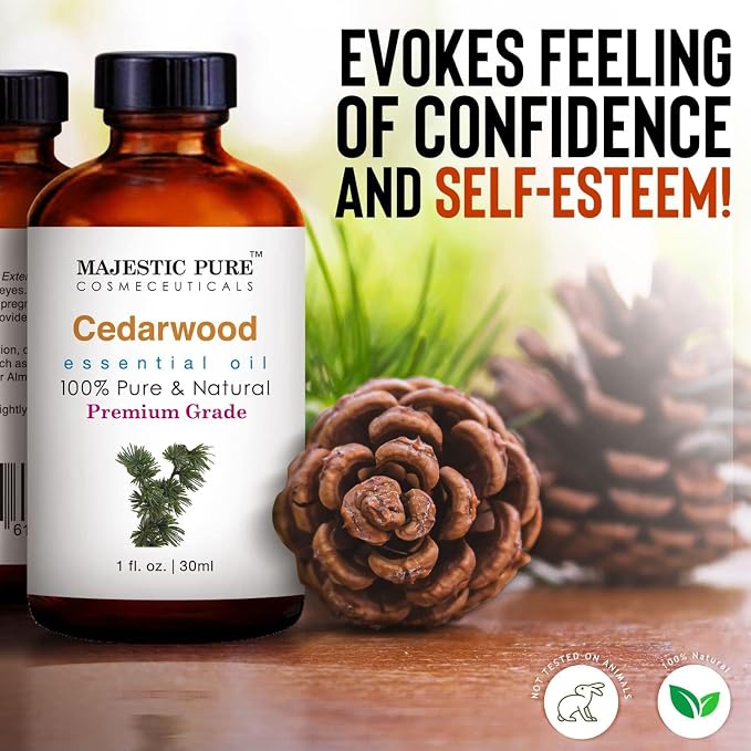 Majestic Pure Cedarwood Essential Oil for Diffuser - 1 Fl Oz | 100% Natural Essentials Oils Ideal for Humidifier, Air Freshening, Cleaning Home, Bath, Steam Inhalation and Massage