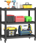3 Tier Adjustable Garage Storage Shelving,Heavy Duty Utility Rack Shelf Unit on 4 Wheel Casters,Standing shelves for Garage, Home, Pantry,Kitchen,Warehouse,Bathroom & Laundry,Storage Rack - Black