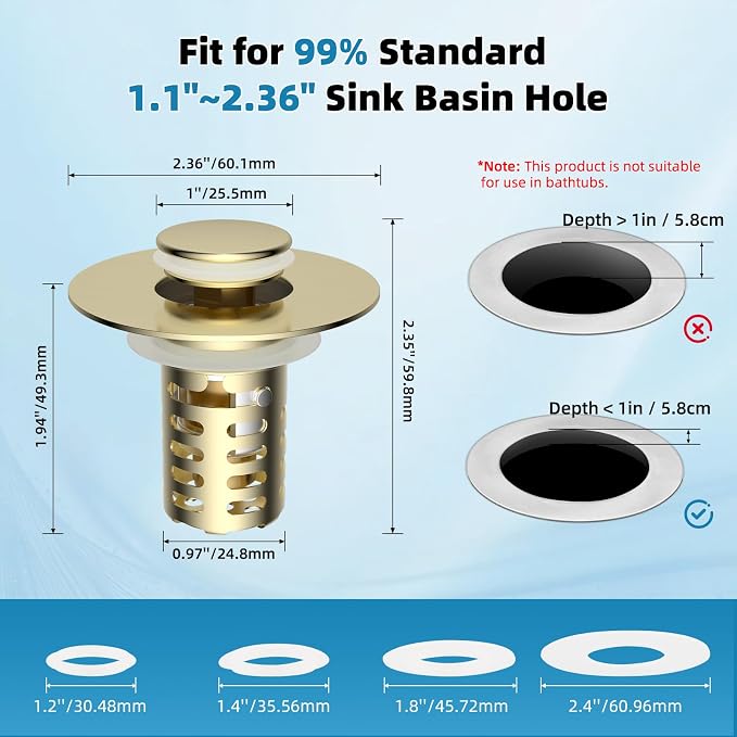 Upgraded Bathroom Sink Drain Strainer Hair Catcher 2PCS Universal 3 in 1 Pop-up Sink Stopper, Fit for 1.1''~2.36'' Basin Hole, with Detachable Stainless Steel Filter Basket, Brushed Gold