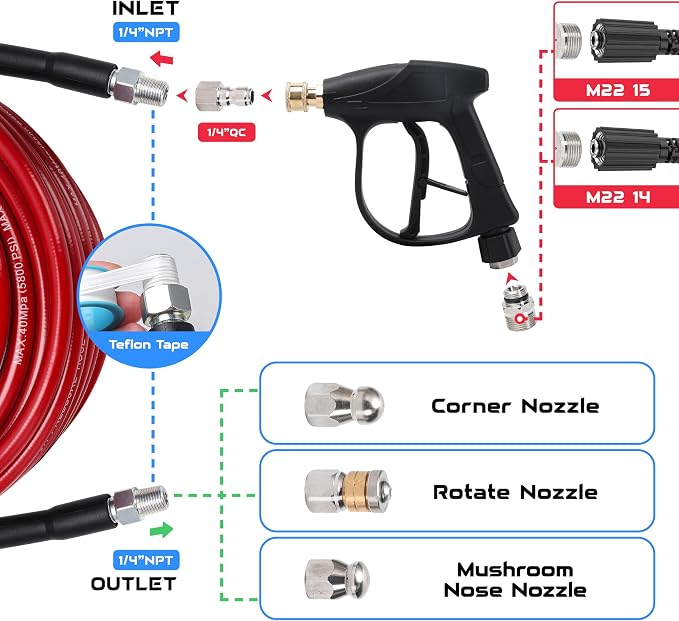 Sewer Jetter Kit for Pressure Washer 100 FT, Drain Cleaner Hose with Power Washer Gun, 1/4 Inch NPT Corner, Rotating and Button Nose Sewer Jetting Nozzle,Waterproof Tape, Pearl Corsage Pin, Spanner