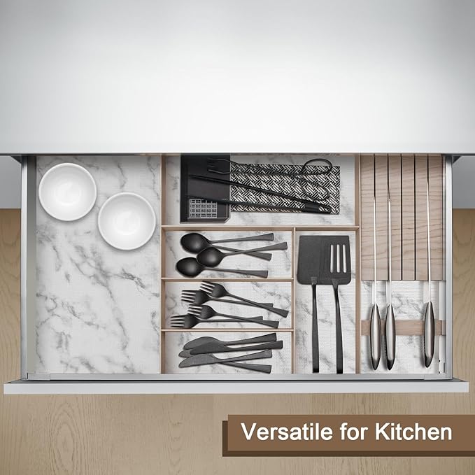 OcePor Non-Adhesive Drawer and Shelf Liner 12IN x 30FT，Non Slip Cabinet and Cupboard Liner, Kitchen Cabinet Liners for Shelves, Waterproof Drawer Shelf Liners for Cabinets/Bathroom Cupboard, Marble