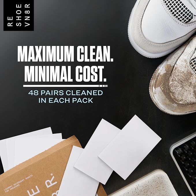 RESHOEVN8R Shoe Wash Detergent Laundry Sheets - 16 Loads, Cleans 48 Shoes | Eco-friendly formula safe on all shoes, laces & materials, for use in the washing machine