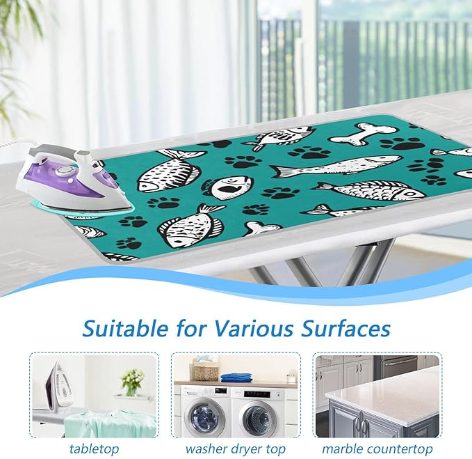 Ironing Mat Portable Ironing Pad Ironing Blanket for Table Top Heat Resistance Double-Side Using Travel Large 47.2 x 27.6 Inch Foldable Lightweight Dark Green Paw Prints and Fish