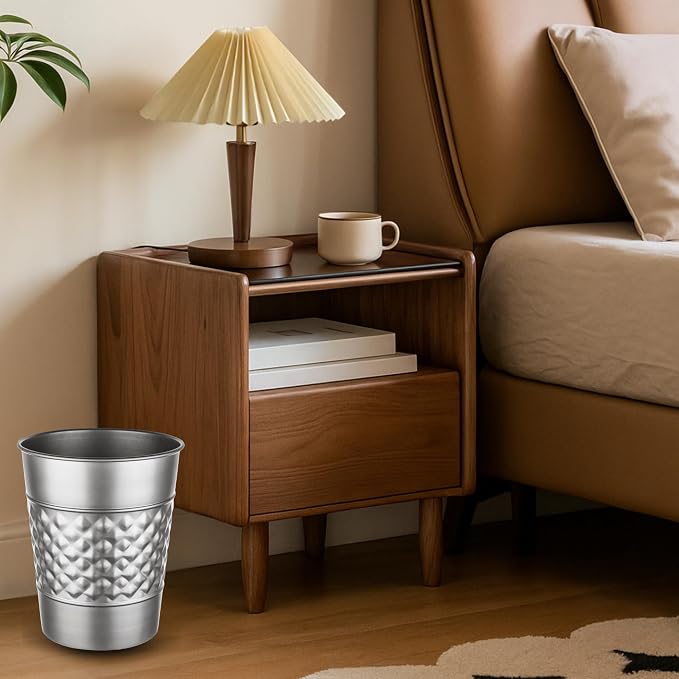 Monarch Abode Metal Bathroom Trash Can – Waste Basket for Bedroom, Office Desk, & Dorm, Handcrafted Geo Embossed, Durable Decorative Pewter Small Trash Can Bathroom Garbage Bin Wastebasket