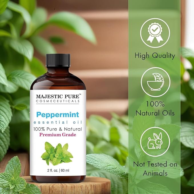 Majestic Pure Peppermint Essential Oil for Diffuser - 2 Fl Oz | 100% Natural Essentials Oils for Aromatherapy, Massage, Steam inhalation, Air Freshening, DIY, Soap and Candle Making