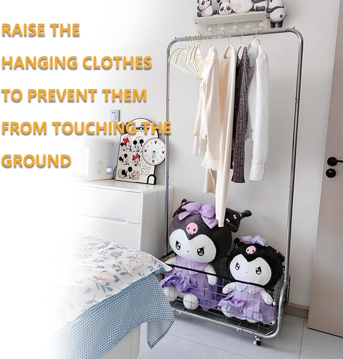 Garment Rack With Storage Baskets,Clothing Rack for Hanging Clothes, Multi-functional Bedroom Clothes Rack with Wheels for Bedroom, Living Room, Easy Assembly (24inch length)