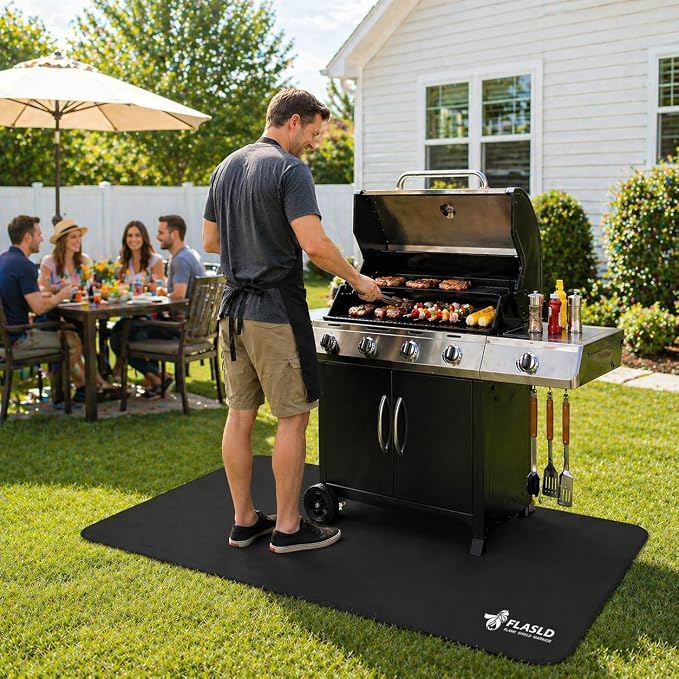 FLASLD Heavy-Duty Outdoor Under Grill BBQ Floor Mat 32 x 60 inches - Fireproof and Waterproof Protector for Decks & Patios, Reusable and Easy to Clean, Black