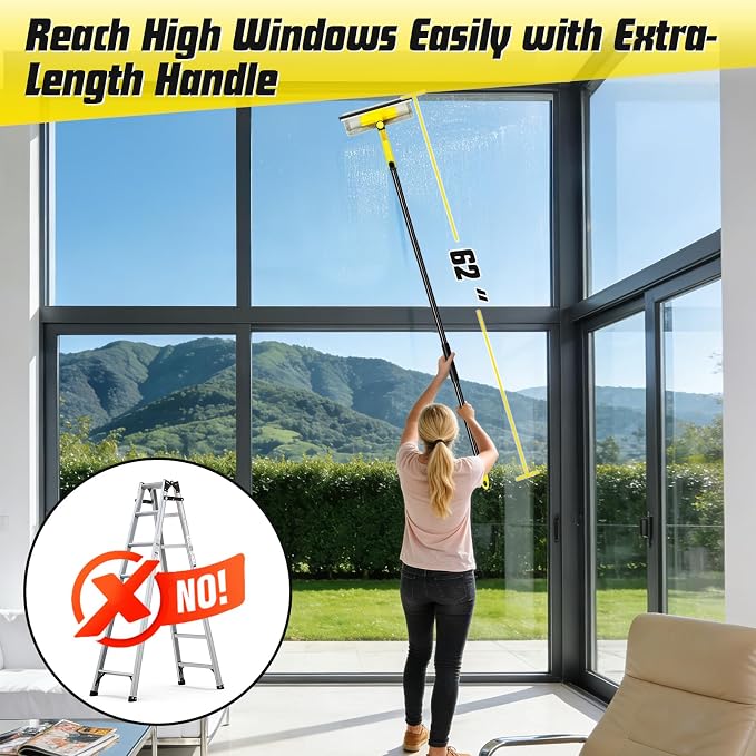 Professional Window Squeegee with 60" Extension Pole for Home | 2 in 1 Squeegee for Window Cleaning with Scrubber/ Rotatable Head for Car Glass Shower Indoor & Outdoor High Windows