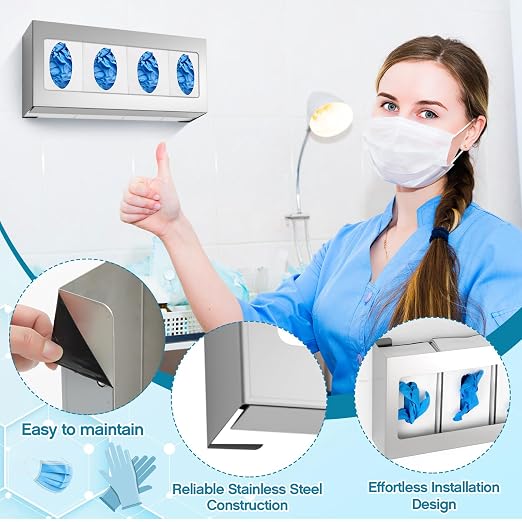 Blulu 4 Pack Glove Box Holder/Dispenser Stainless Steel Quad Wall Mounted Glove Box Organizer,10" H x 21" W x 3 3/4" D
