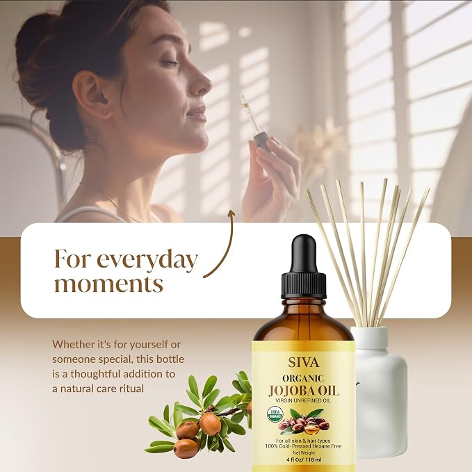 SIVA ORGANICS Jojoba Carrier Oil with Dropper, 4 Fl Oz (118 ml) | Jojoba Oil for Skin Care, Facial Oil, Hair Care, Scalp Massage, Nail Care, Body Massage & DIY Beauty Blends, Glass Bottle