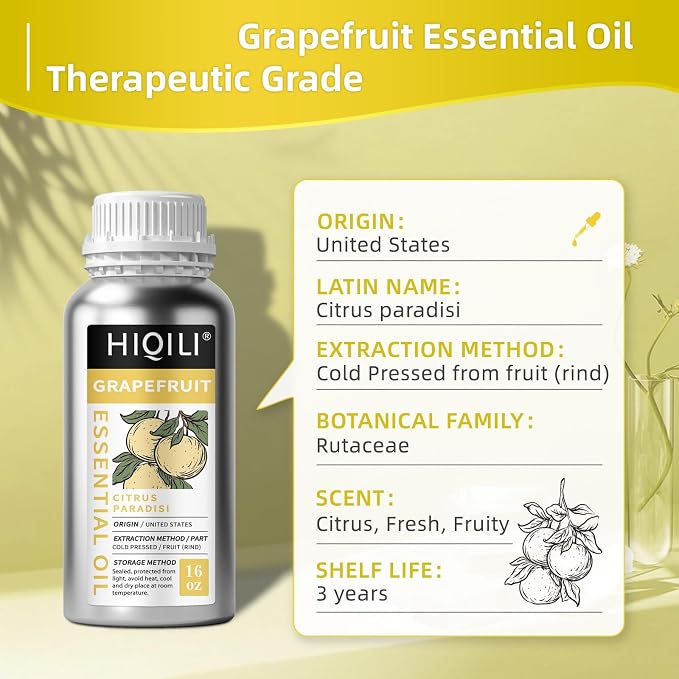 HIQILI Grapefruit Essential Oil for Skin Care, Diffuser & DIY | Large Bottle with Two Travel-Size Vials for Custom Blending and Spa Massage, Refreshing Citrus Scent —500ml / 16 fl oz
