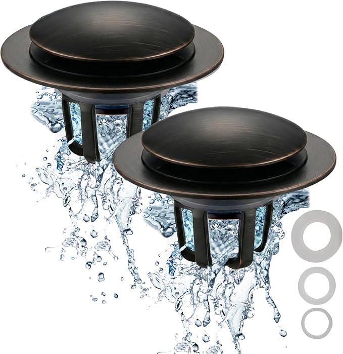 WELSAN Oil Rubbed Bronze Bathroom Sink Drain Stopper 1 1/8"-1 1/2", 2 Pack | Bathroom Sink Stopper Replacement, Universal Pop-Up Drain Stopper Plug Strainer with Hair Catcher, Anti-Clogging Design