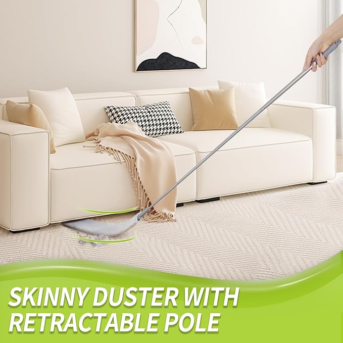 IVYROLL Under Appliance Cleaning Tool with Extension Pole | Skinny Duster & Spider Web Brush & Ceiling Cleaner, 100" Microfiber Feather Cleaner with Washable Head for Fan Furniture Wall