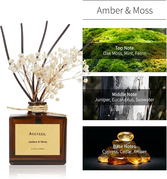 Reed Diffuser, Amber & Moss Essential Oil Diffuser with Dried Flowers, 3.4 oz Scented Oil Air Freshener, Handmade Home Decor, Long-Lasting Room Scent Fragrance for Office, Bathroom | 3.4oz(100ml) Scented Oil Air Freshener, Handmade Home Decor, Long-Las...