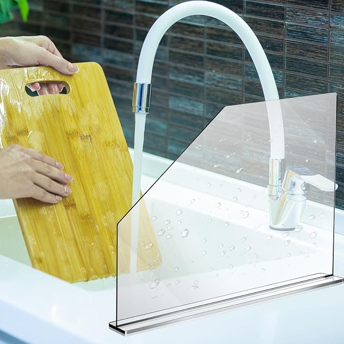 Vesici 2 Pcs Clear Acrylic Sink Splash Guard Freestanding Panel Barrier with Easy Reach Cutaway Kitchen Guard Protective Splatter Barrier for Home Hospital(23.625" Length, 18" Height, 4.5" Base)