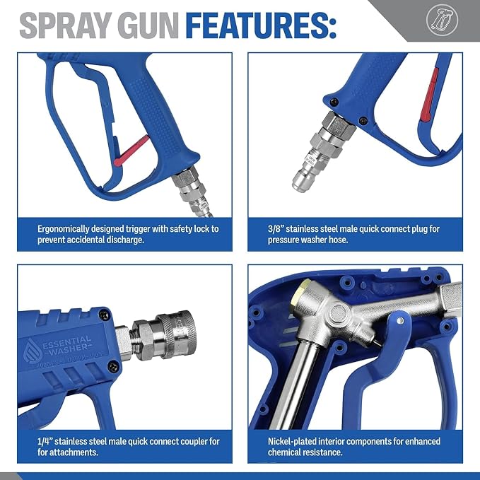 Essential Washer Short Pressure Washer Gun with Stainless Steel Swivel | Compatible with Foam Cannon | High Pressure Water 4000 PSI