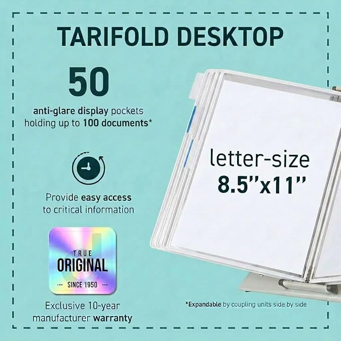 Tarifold Desktop Reference Display System, 50 Pockets, Expandable, White | 50 double-sided PVC pockets, holds 100 letter-size sheets, sturdy metal base, quick-find indexing, quick and easy to assemble