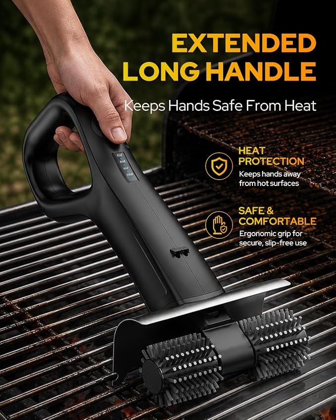 Cordless Electric Grill Brush, BBQ Grill Cleaner with 800RPM High-Speed Motor, 25kgf High Torque, 3500mAh Rechargeable Battery, 180-Min Runtime, 2 Replaceable Brush Heads, LED Light & Scraper