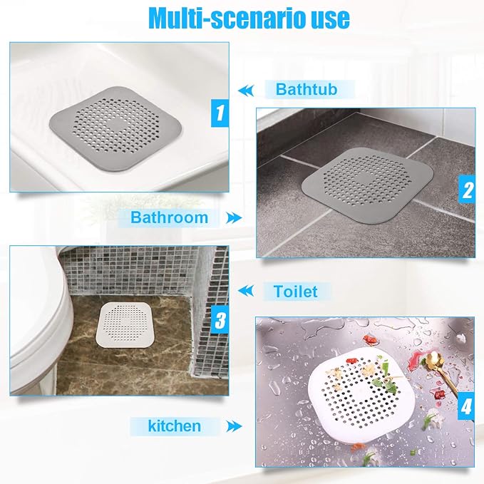 Square Drain Cover for Shower 5.7-inch TPR Drain Hair Catcher Flat Silicone Plug for Bathroom and Kitchen Grey/White Filter Shower Drain Protection Flat Strainer Stopper with Suction Cups (Grey+White)