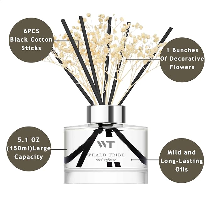Flower Reed Diffuser Set Cashmere Vanilla Scent for Bathroom Accessories,Christmas Shelf Decor & Air Fresheners, Bedroom Sticks Defusers with 5.1 fl oz Essential Oils, Office Gifts