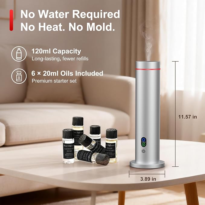 Waterless Diffuser, Essential Oil Diffuser, 1000 Sq.Ft Coverage Scent Diffuser – Plug-in Only, Adjustable Mist, Remote, Mood Lights for Home & Office, Large Room, Hotel, Silver
