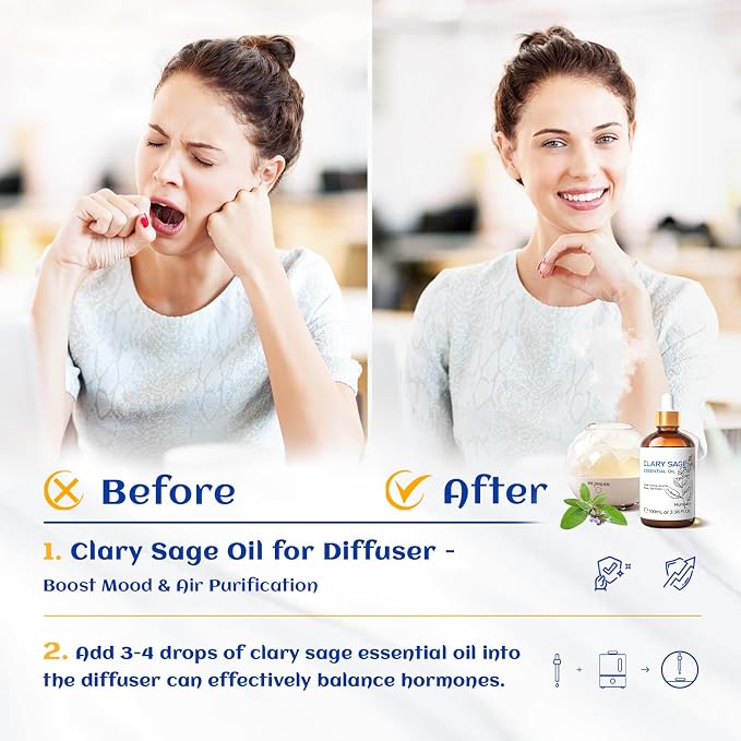 HIQILI Clary Sage Oil Essential, Herbal Sooth Aroma in Diffuse, Meditation, Calming Sleep at Bedtime, Body Massage, Moisturize Skin, DIY Deodorant Spray - 100ML | Can be added for meditation, bedtime calming sleep, DIY deodorant spray use – 100mL / 3.3...