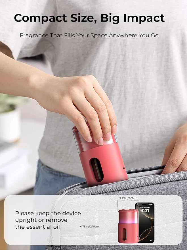 Waterless Essential Oil Diffuser: 𝟗-𝐂𝐨𝐥𝐨𝐫 𝐋𝐄𝐃 Bright Red | Portable Scent Diffuser - No Water No Heat For Pure Aroma - 48H Battery 3 Mist Levels & 4 Timers for Car Office