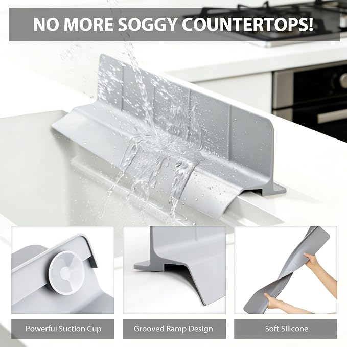 18Inch Sink Splash Guard – Extended Length & Tall Silicone Kitchen Sink Splash Guard with Overhang Drainage Design & Strong Suction Cups for Countertop (Grey, 18''x3.5'')