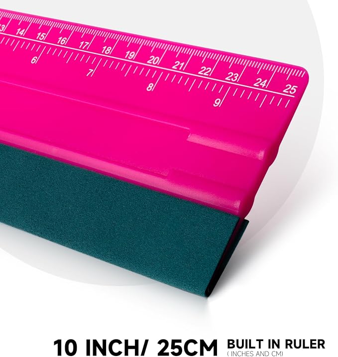 FOSHIO Professional Squeegee for Vinyl, Decals, Sticker Paper, Wallpaper, Window Film, Craft, Suede Felt Squeegee Smoothing Tool with Ruler, Pink (10 inches)