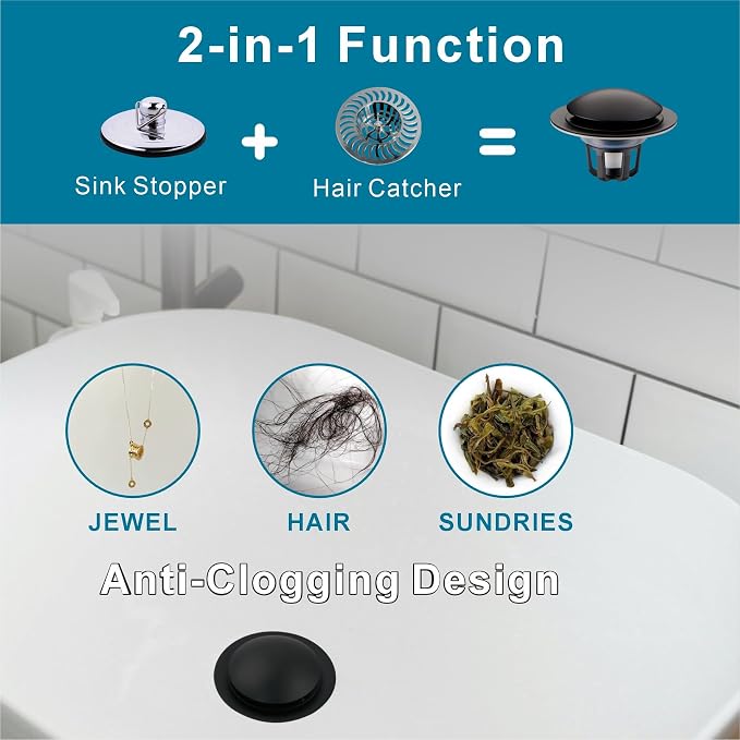 WELSAN Matte Black Bathroom Sink Drain Stopper 1 1/8"-1 1/2" Drain, 2 Pack | Bathroom Sink Stopper Replacement, Universal Pop-Up Drain Stopper Plug Strainer with Hair Catcher, Anti-Clogging Design