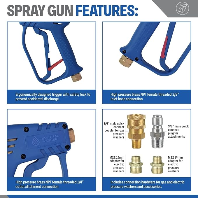 Essential Washer Short Pressure Washer Gun with Brass Quick Connect & M22 Adaptors Compatible with Foam Cannon | High Pressure Water 4000 PSI