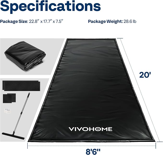 VIVOHOME Containment Mat (8'6" x 20') with Stay Put Corner, Black | PVC Garage Floor Mats, Heavy Duty Garage Parking Mat with a Squeegee