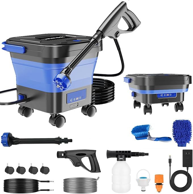 Portable Pressure Washer Rechargeable with 13L Water Tank, Foldable Power Washer Cordless, 7 Adjustable Pressure Levels, Water Sprayer with 23FT Hose for Camping, Bike, Pet, Garden, Car Wash
