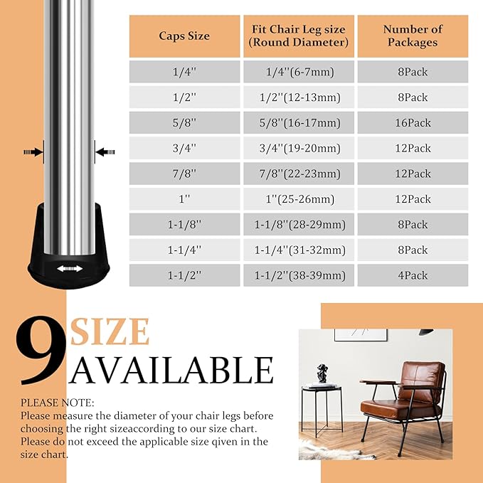 1-1/8” Round Rubber Chair Leg Tips Caps, Chair Leg Floor Protectors, Non-Slip Chairs Legs Caps, Stool Feet Protectors Cap, Folding Metal Chairs Legs Tip Replacement (Black, 8 Pack)