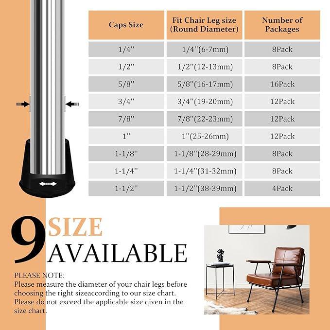1-1/4” Round Rubber Chair Leg Tips Caps, Chair Leg Floor Protectors Furniture Legs Caps Non Slip Reduce Noise for Hardwood Floors (Black, 8 Pack)