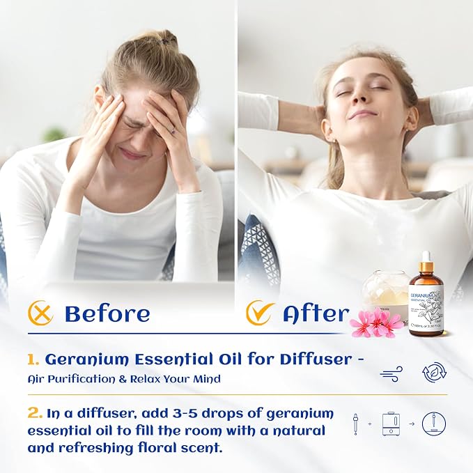 HIQILI Geranium Essential Oil for Skin Care & Aromatherapy diffusing | Calming Scent for Meditation & Relaxation, Ideal for Hair Care, Massage, DIY Candles & Air Freshening - 100ml / 3.38 fl.oz