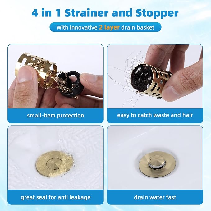 2PCS Universal Bathroom Sink Drain Strainer Hair Catcher, Brushed Gold | Upgraded with 2-Layer Detachable Filter Basket, 4 in 1 Pop Up Drain Strainer, Anti-Clog, Fit for 1.1''~2.36'' Sinks