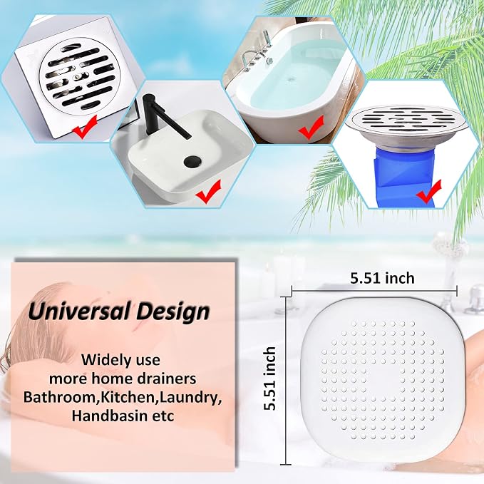 Bovinde Hair Drain Catcher,Square Cover for Shower 2 Pack (White) | Drainer Cover Silicone Hair Stopper with Suction Cups,Protector Accessories,Easy to Install Suit for Bathroom,Bathtub,Sink
