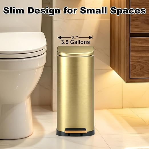 SYNCVIBE Slim Bathroom Trash Can with Soft Close Lid Stainless Steel Garbage Can Step Trash Bin with Removable Inner Bucket for Bedroom, Office, Kitchen (Gold, 3.5 Gallons)