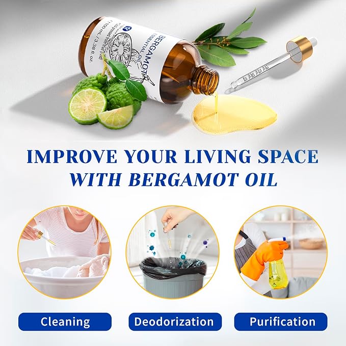 HIQILI Bergamot Essential Oil for Diffuser, Skin & Hair | Creates a Calming Atmosphere for Home and Office, Works for Skin, DIY and More, with 10ml Travel Bottle -100ml / 3.38 fl oz