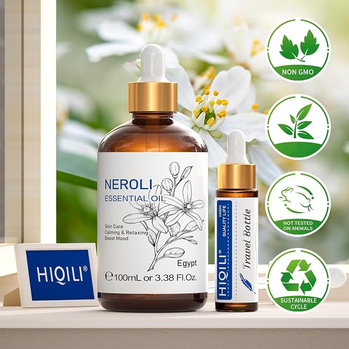 HIQILI Neroli Essential Oil for Diffuser, Aromatherapy and Skin Care | Relaxing & Calming, for Diffuser, Massage & DIY, Travel Bottle Included —100mL / 3.38 fl.oz