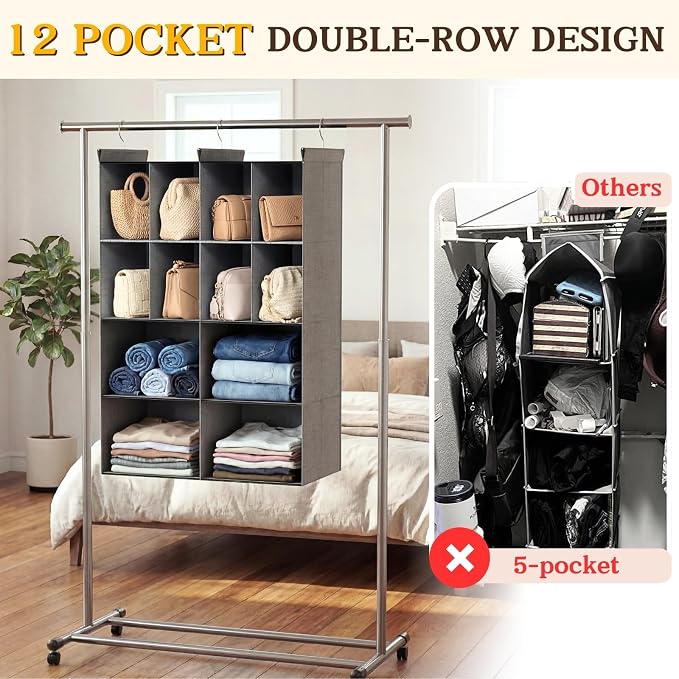 4 Tier Hanging Closet Organizer, 12 Compartments Dual Row Storage, Grey | Closet Organizers and Storage with Large & Small Cubbies, 3 Sturdy Hooks Support Heavy Loads, for Dorm, RV, Garment Rack