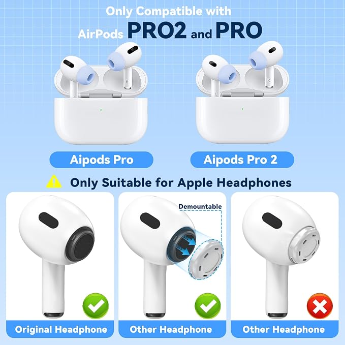 Inesore 4 Pairs Replacement Ear Tips for AirPods Pro 2nd/1st (Light Blue) | with Noise Reduction Hole & Built-in dust Guard Screen,Silicone,with Portable Storage Box & Cleaner Pen,4 Size (XS/S/M/L)