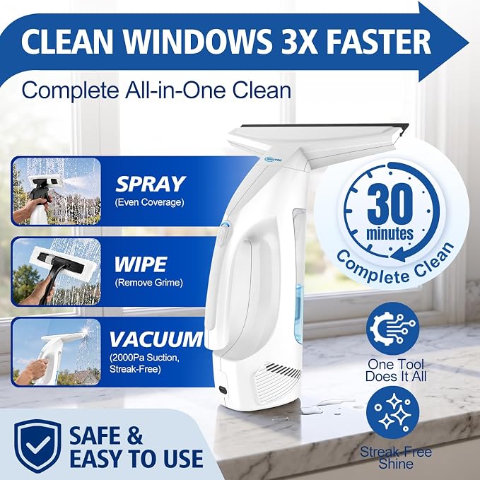 GARYOG Window Vacuum Squeegee Cordless,Electric Window Cleaner Kit with 31-40" Extendable Pole,2000Pa, 2200mAh,150ml Tank,2 Squeegee Blades for Shower Glass,Mirrors,Car,Tiles(White)