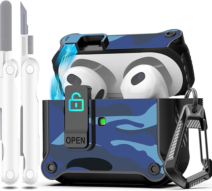 R-FUN for AirPods 3 Case Cover with Lock Magnetic Lid, Camo Blue | Compatible with Apple AirPods 3rd Generation (2019) Case with Cleaner Kit & Carabiner, Powerful Drop Protection