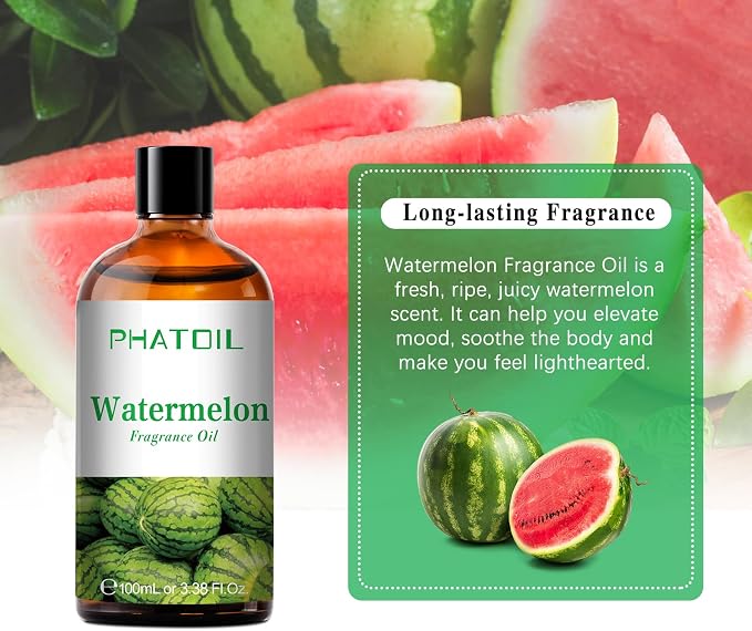 PHATOIL Watermelon Fragrance Oil for Diffuser Aromatherapy 3.38FL.OZ | Long Lasting Scented Oils For Humidifier, Air Freshener, DIY Soap Candle, Scent Project Making, Aroma Oil for Home Freshening