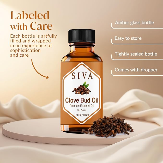 Siva Clove Bud Essential Oil, Glass Bottle with Dropper, 1 Fl Oz (30 ml) | Clove Bud Oil for Diffuser, Humidifier, Home Fragrance, Oral Care, Body Massage, Soap Making, Candle Making & DIY Projects